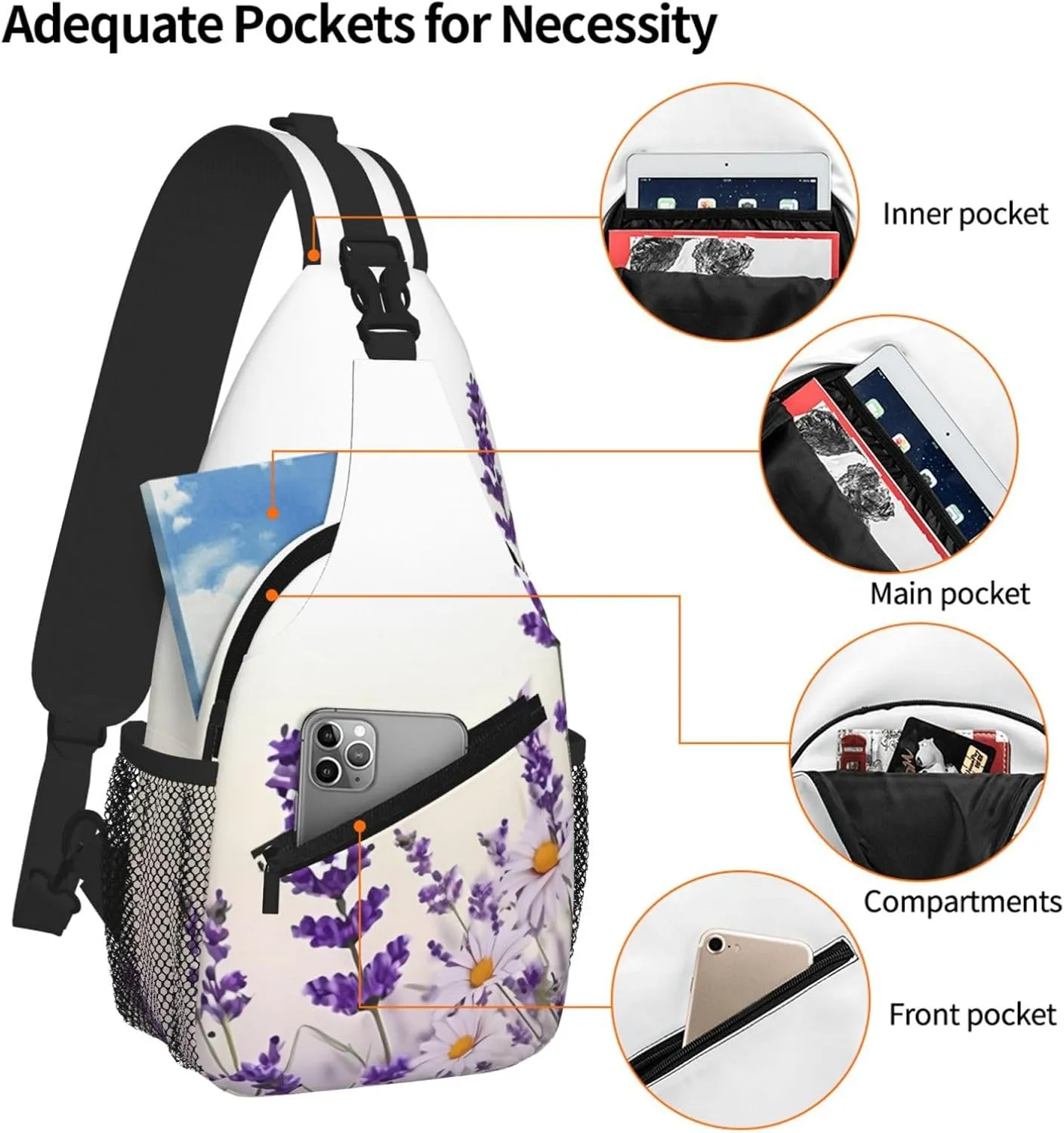 Lavender Flower Print Cross Chest Bag Diagonally For Short-Distance Travel And Daily Use