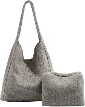 Lazy Chic Women Tote Bag 2024 Fall Winter Wool Felt Shoulder Bag Commuter Tote with Zipper Closure Small Pouch