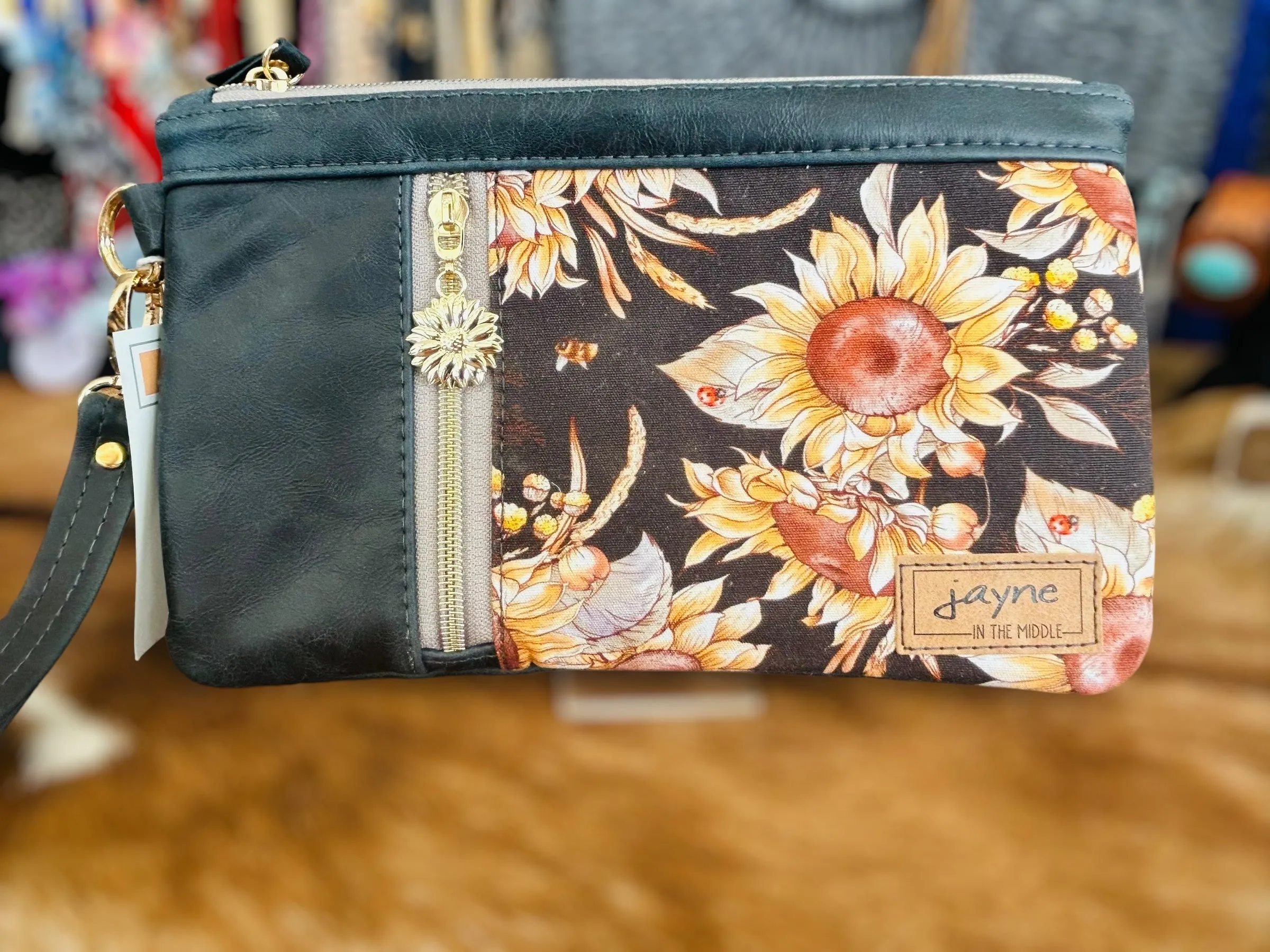 Leather & Fabric Duo Zipper Wristlet Clutch