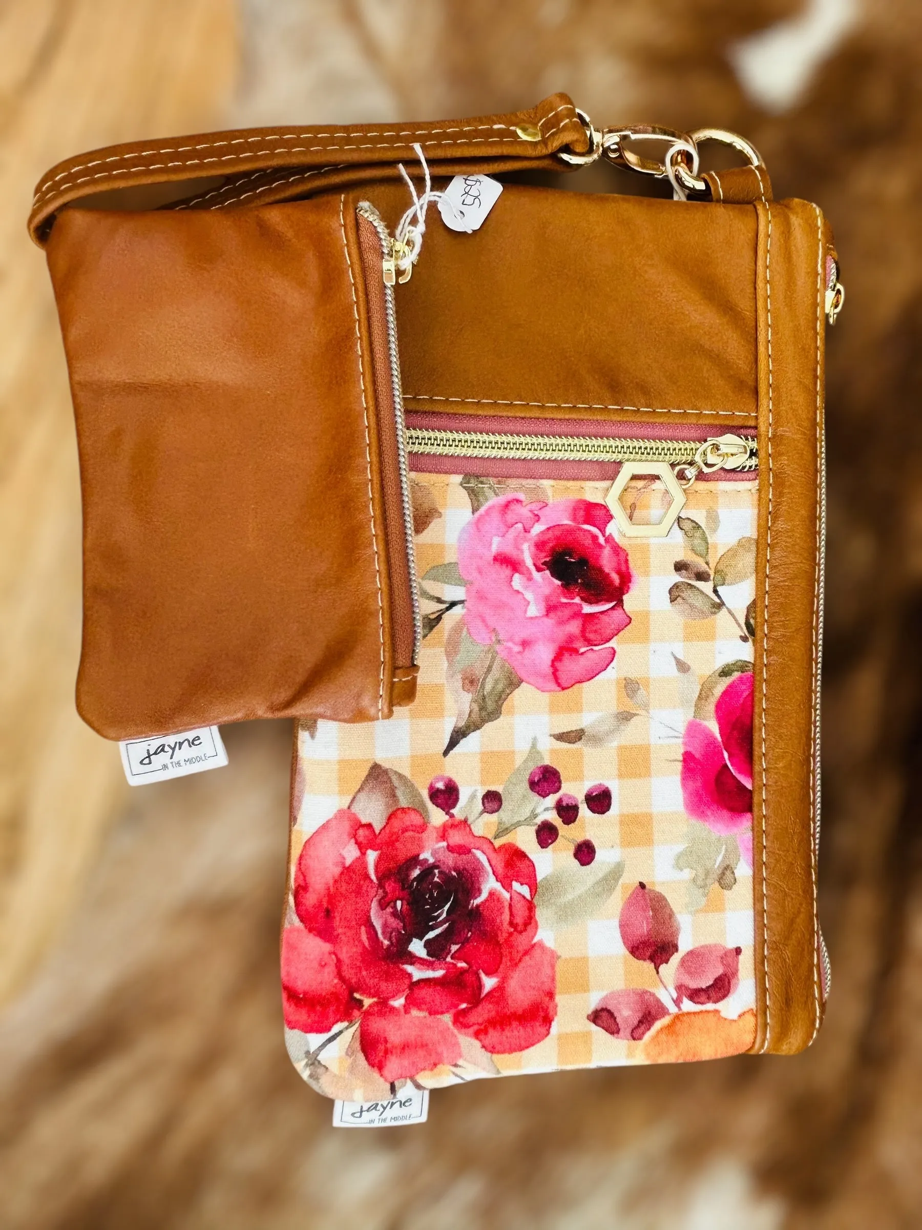 Leather & Fabric Duo Zipper Wristlet Clutch