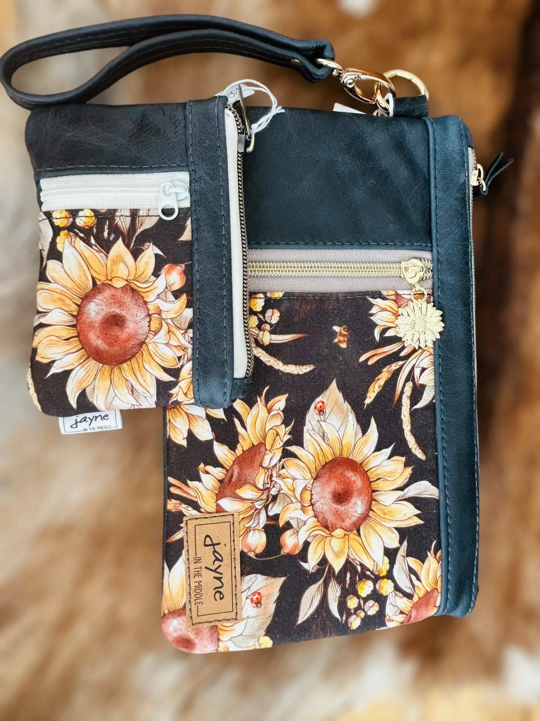 Leather & Fabric Duo Zipper Wristlet Clutch