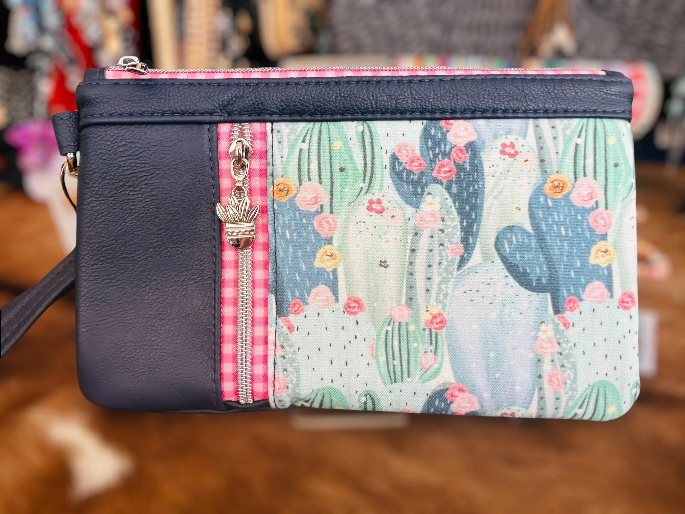 Leather & Fabric Duo Zipper Wristlet Clutch