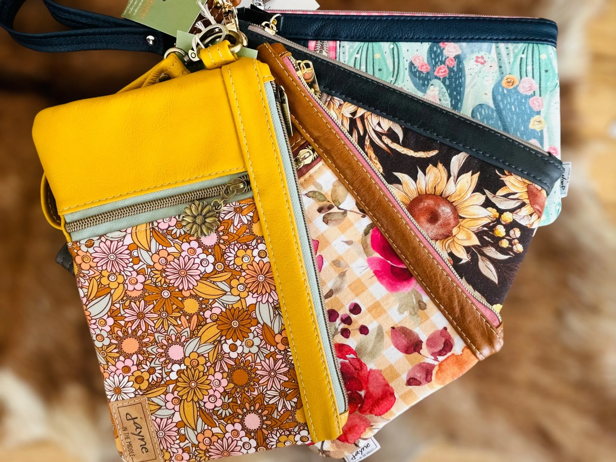 Leather & Fabric Duo Zipper Wristlet Clutch