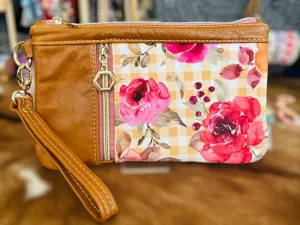 Leather & Fabric Duo Zipper Wristlet Clutch