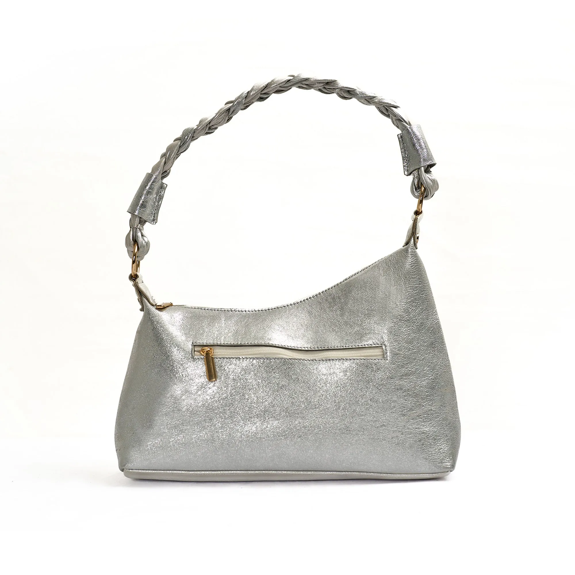Leather Braided Handle Textured Bag - Silver