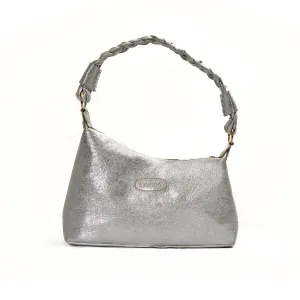 Leather Braided Handle Textured Bag - Silver