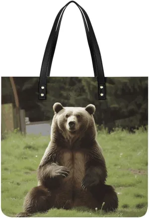 Leather Handbags Fallow Hi Bear Sit on The Lawn Printing Leather Purse Portable Tote Purse For Women
