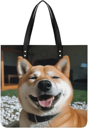Leather Handbags Fallow Shiba Inu Smile Tongue Out Printing Leather Purse Portable Tote Purse For Women