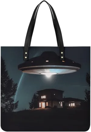 Leather Handbags Fallow Spacecraft at Night Printing Leather Purse Portable Tote Purse For Women