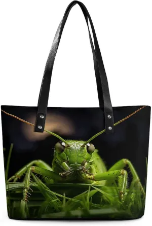 Leather Purse For Women Elegance Grasshopper on Grass Printing Tote Bag Pu Purses Handbags For Work Travel Casual Use