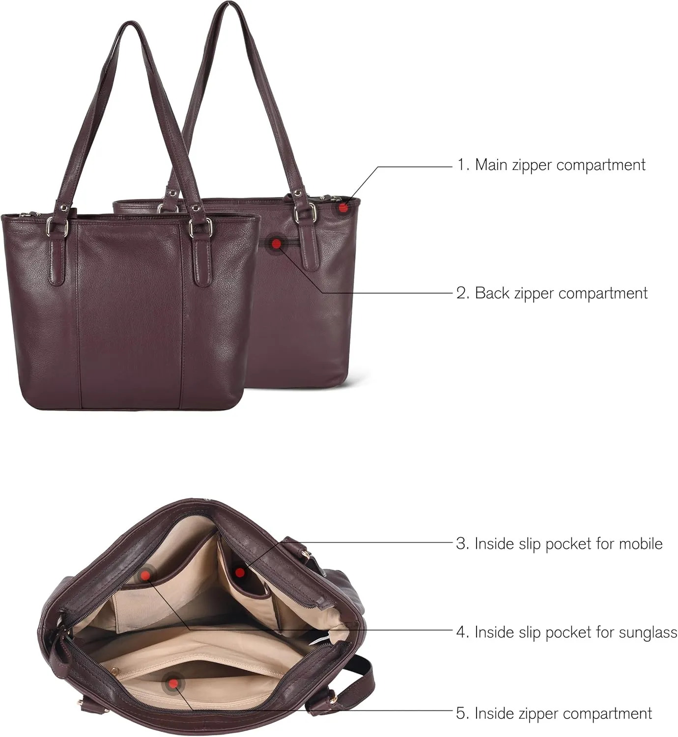 Leather Purse For Women - Real Leather Tote For Women - Ladies Shoulder Handbag For Work, Travel, Casual Use