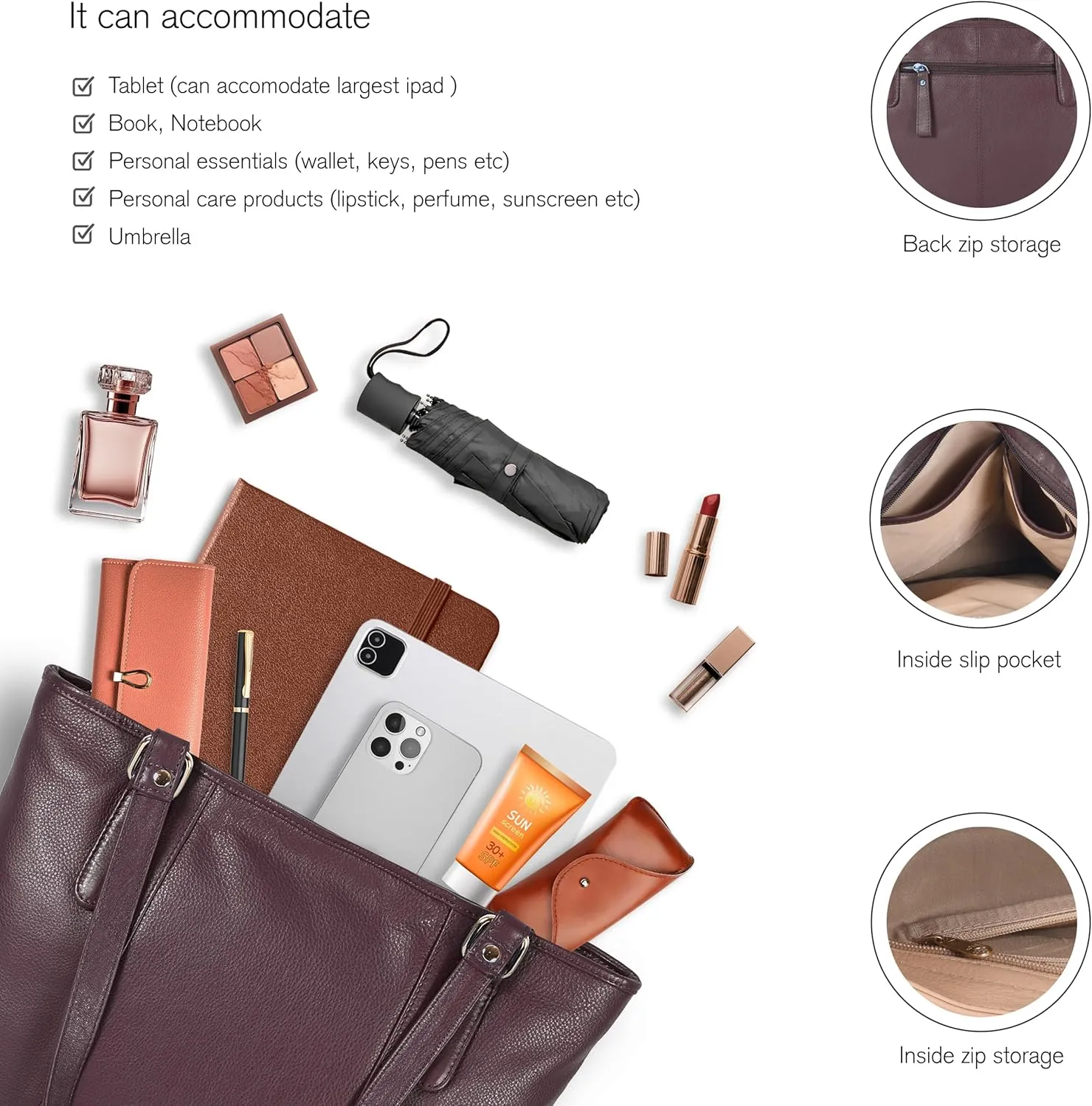 Leather Purse For Women - Real Leather Tote For Women - Ladies Shoulder Handbag For Work, Travel, Casual Use