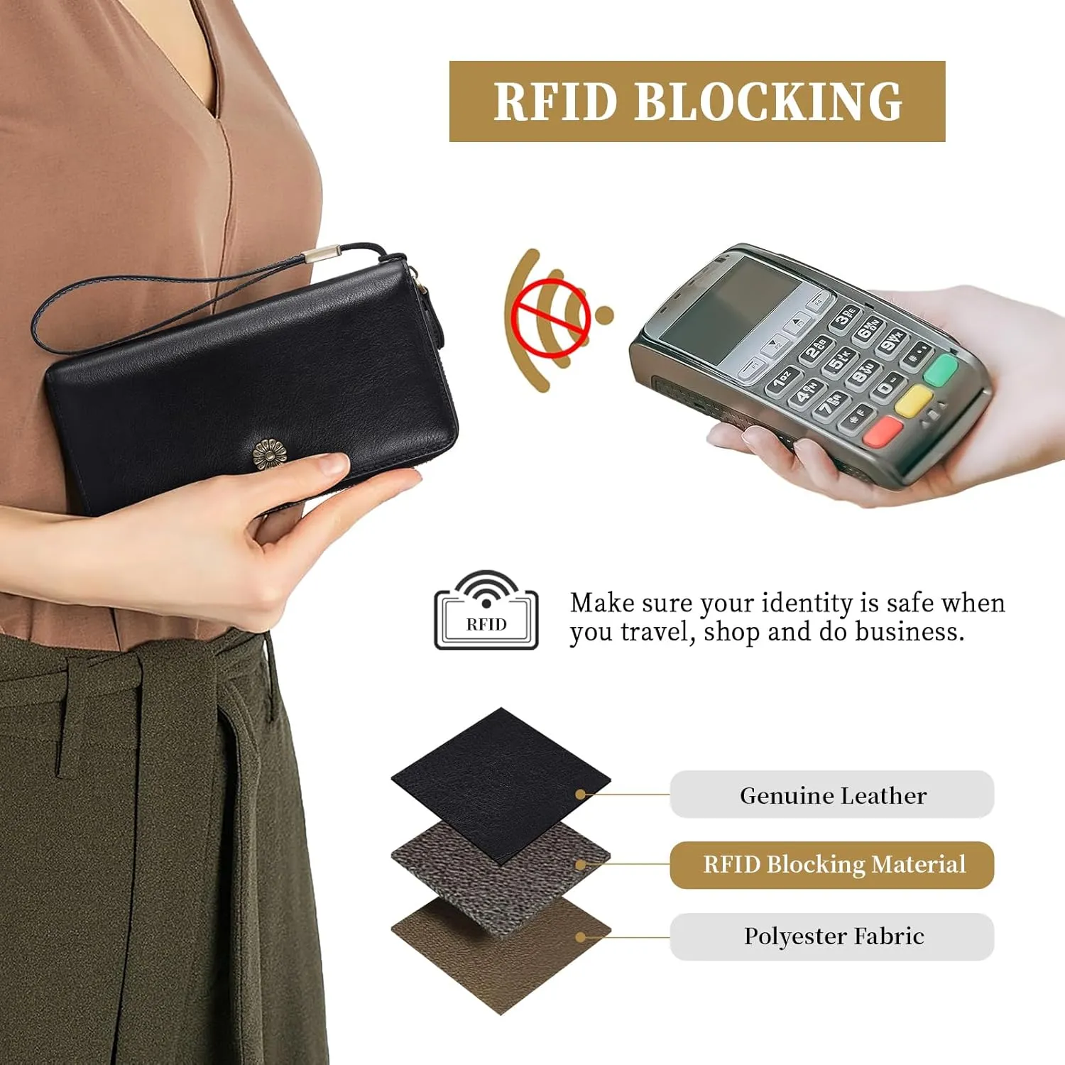 Leather Wallet For Women RFID Blocking Wallet Women Large Capacity Wristlet Clutch Wallets Credit Card Holder Purse