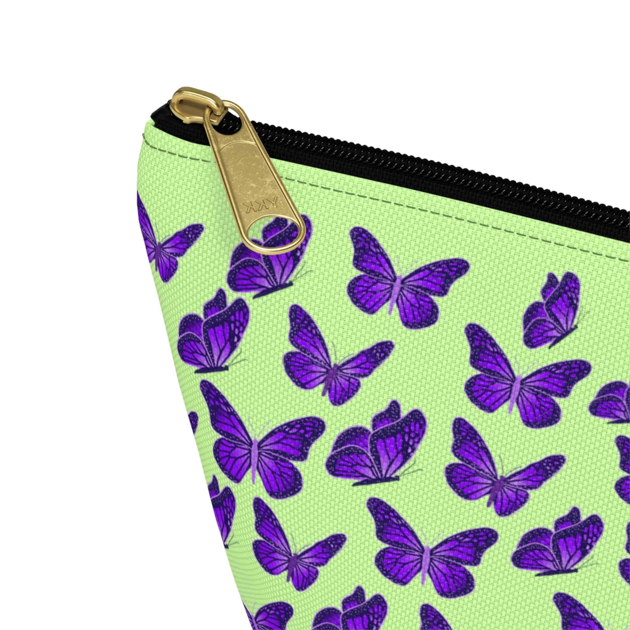 Light Green Accessory Pouch w T-bottom with Purple Butterfly Pattern
