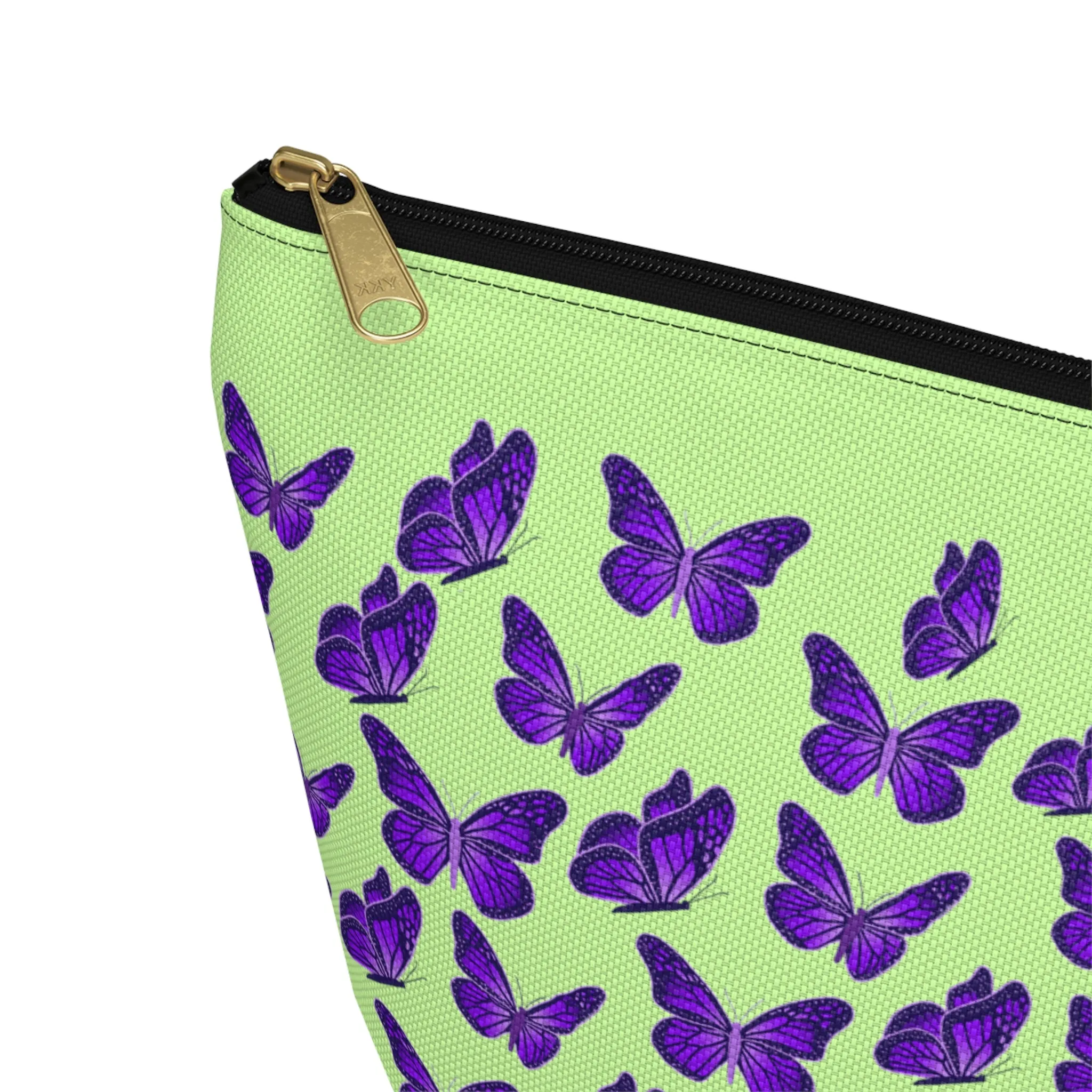 Light Green Accessory Pouch w T-bottom with Purple Butterfly Pattern