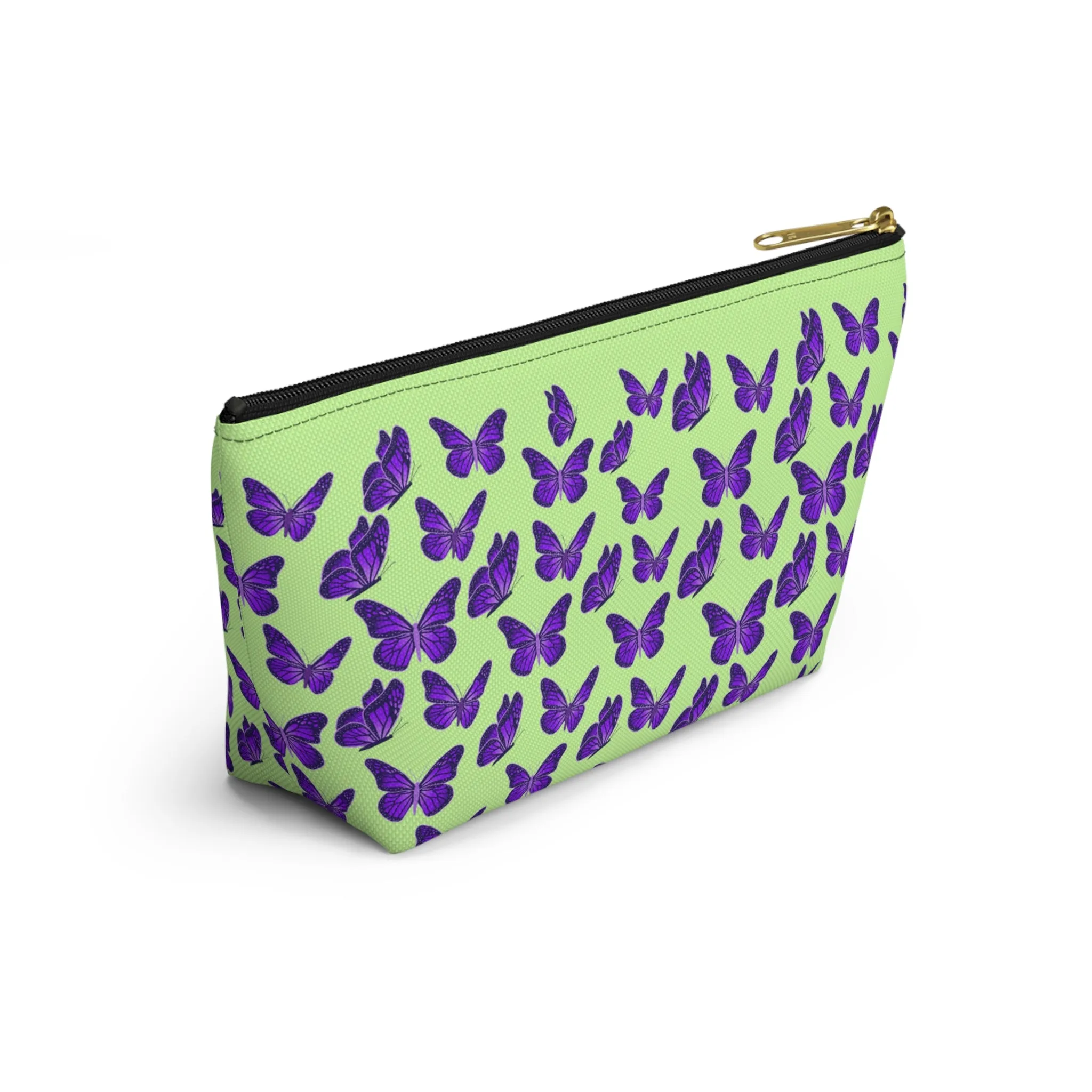 Light Green Accessory Pouch w T-bottom with Purple Butterfly Pattern