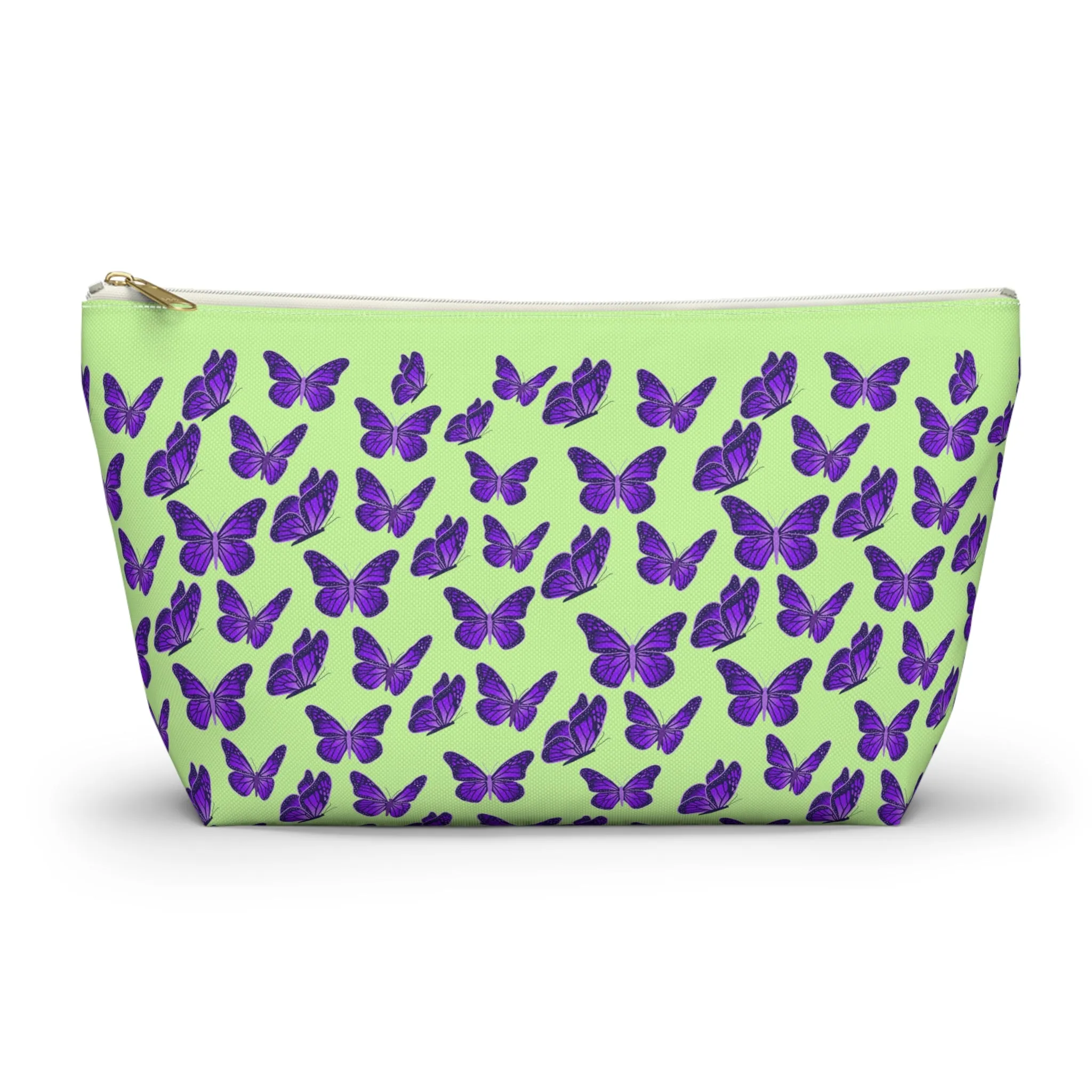 Light Green Accessory Pouch w T-bottom with Purple Butterfly Pattern