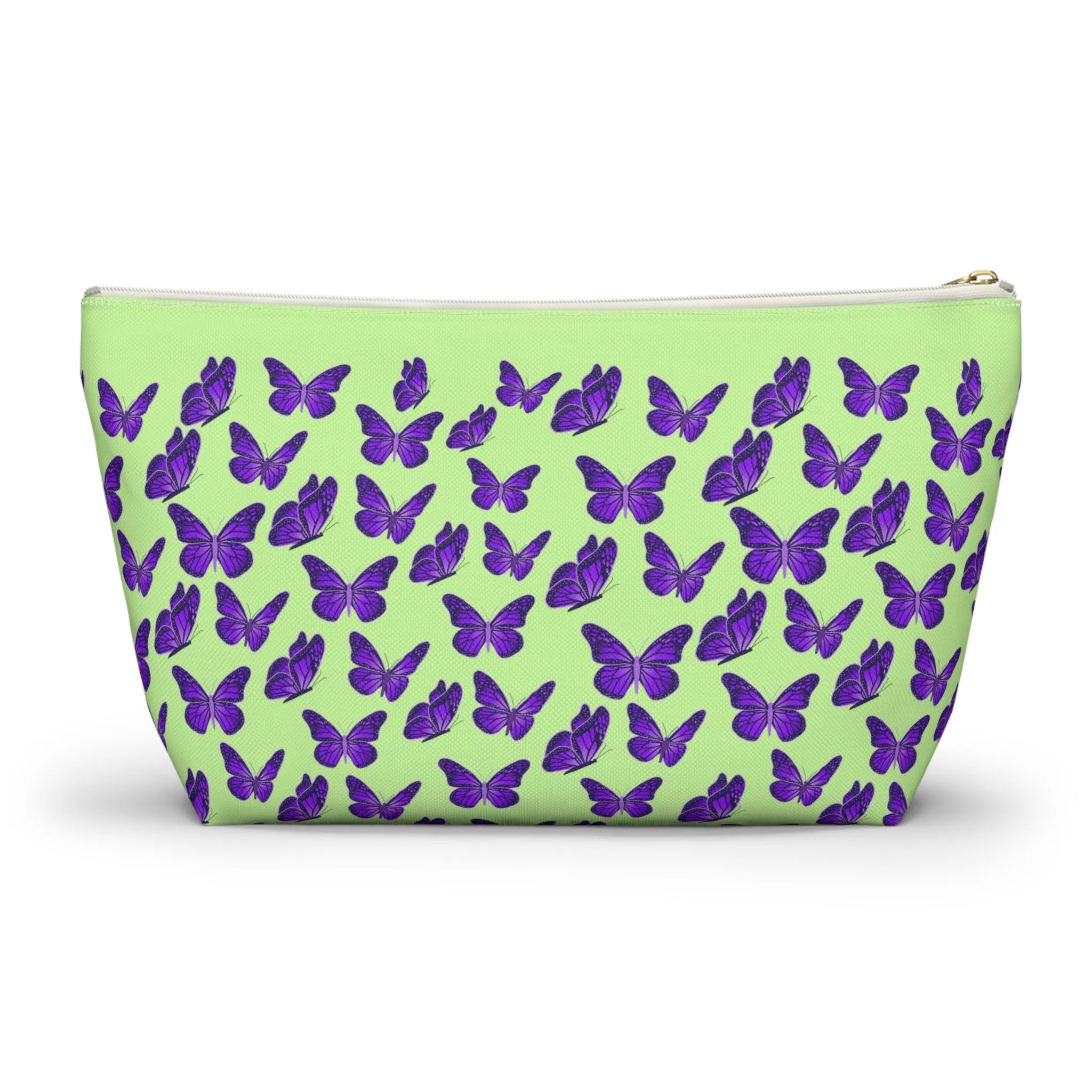Light Green Accessory Pouch w T-bottom with Purple Butterfly Pattern