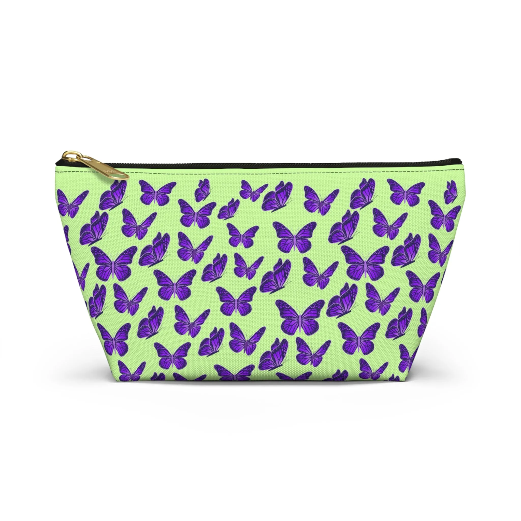 Light Green Accessory Pouch w T-bottom with Purple Butterfly Pattern