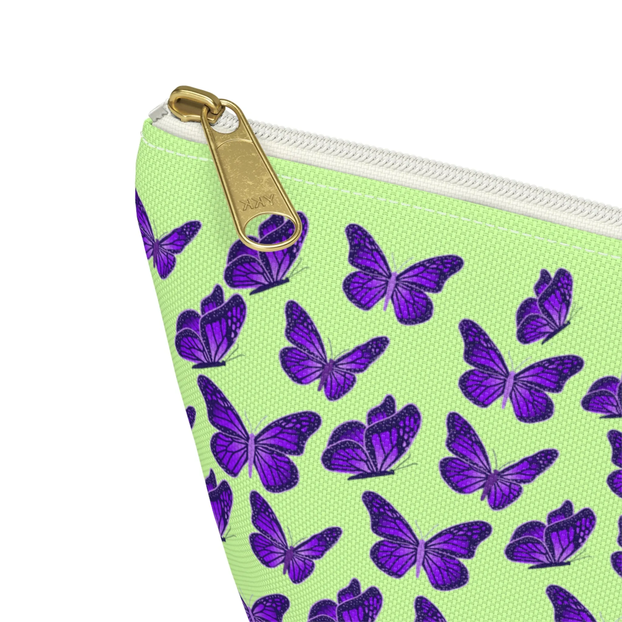 Light Green Accessory Pouch w T-bottom with Purple Butterfly Pattern