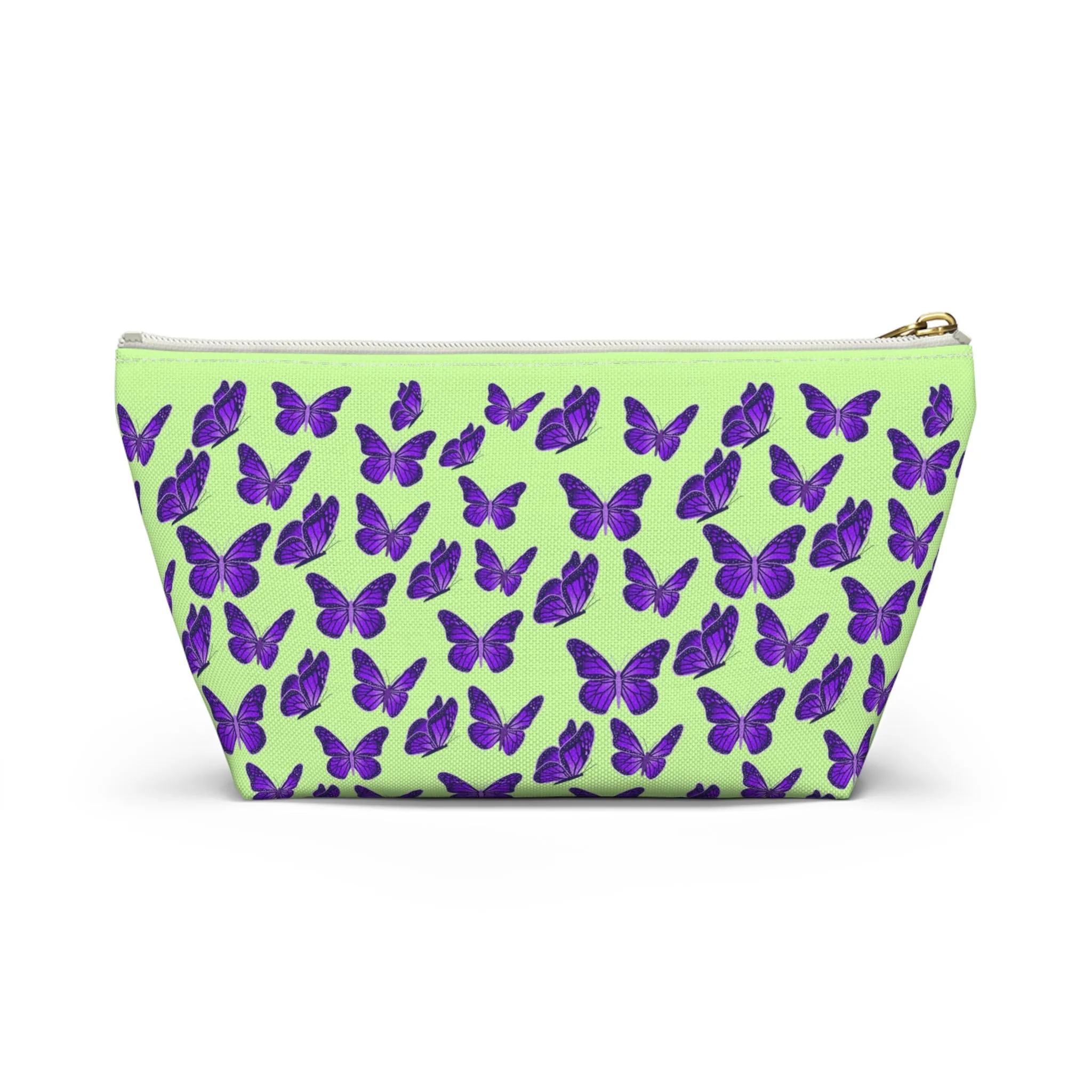 Light Green Accessory Pouch w T-bottom with Purple Butterfly Pattern