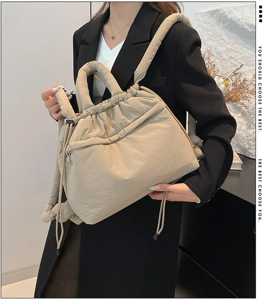 Lightweight Adjustable Cloud Backpack for Women, Multi-Way Carry Cotton Tote Bag with Magnetic Closure,Stylish Daypack (Khaki)