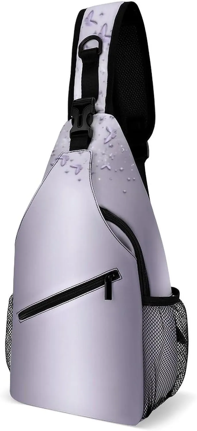 Lilac Shimmer Sparkle Flutter Butterfly Fashion Crossbody Bag for Both Men And Women, Travel And Hiking Crossbody Bag, Chest Bag