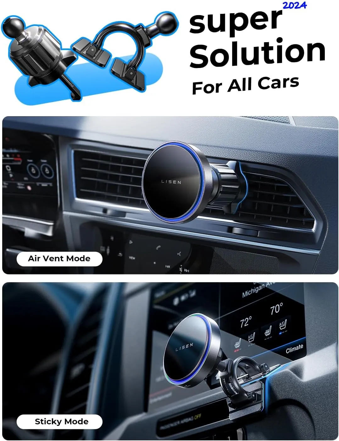 LISEN for 15W MagSafe Car Mount Charger,Magnetic Wireless Car Charger for iPhone 16 Pro Max Accessories,Magnetic Phone Holder for iPhone 16e 15 14 13 12,Samsung with MagSafe,Gifts for Men Women