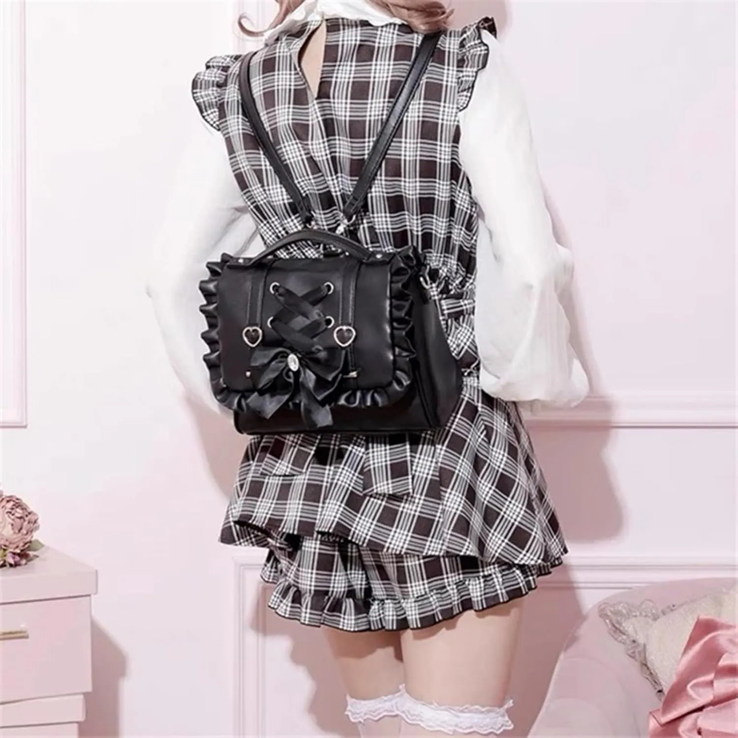 Lolita Messenger Bag for Women Japanese Style Ribbon Bow Small Backpack PU Leather Shoulder Bag Satchel Handbags