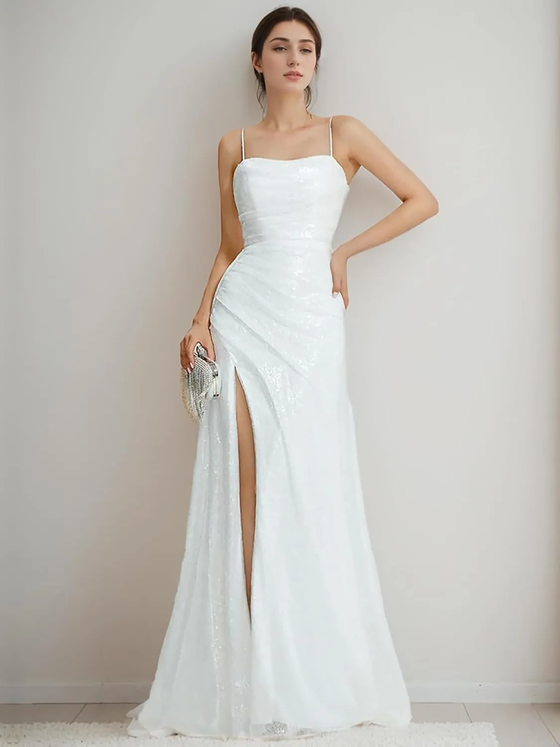Long Sparkle Formal Dress Cocktail Party Prom Long Wedding Guest Dresses for Women Sleeveless Sequined Slit