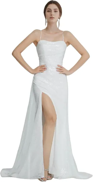 Long Sparkle Formal Dress Cocktail Party Prom Long Wedding Guest Dresses for Women Sleeveless Sequined Slit