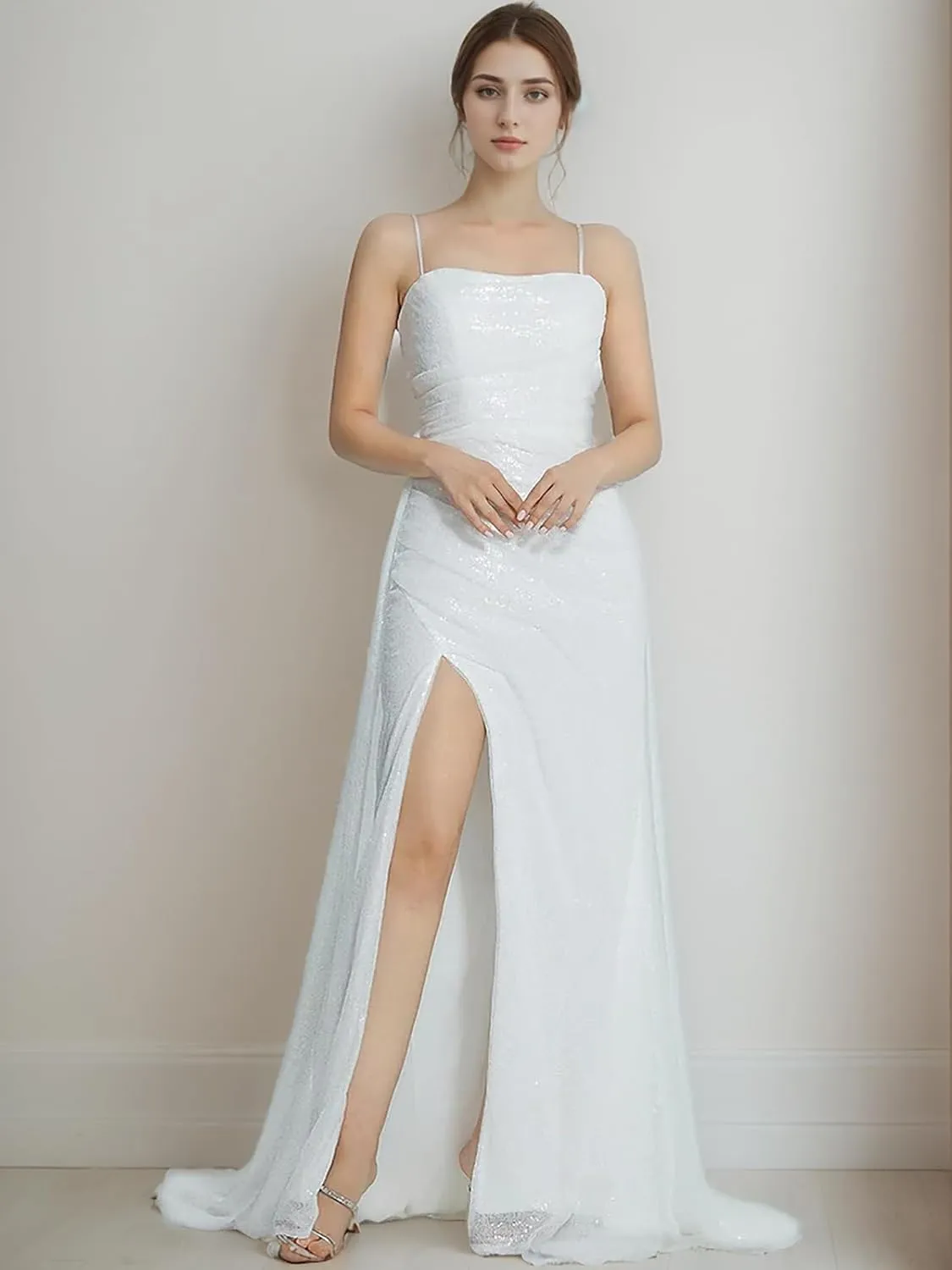 Long Sparkle Formal Dress Cocktail Party Prom Long Wedding Guest Dresses for Women Sleeveless Sequined Slit