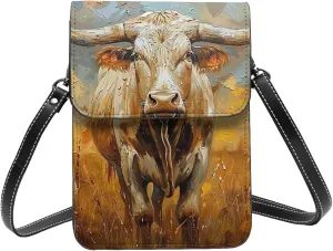Longhorn Cow Rural Pasture Western Texas Rustic Crossbody Cell Phone Purse For Women Teen Girls Leather Small Crossbody Bag Mini Phone Pouch Purse, 7.5x5.3 Inches