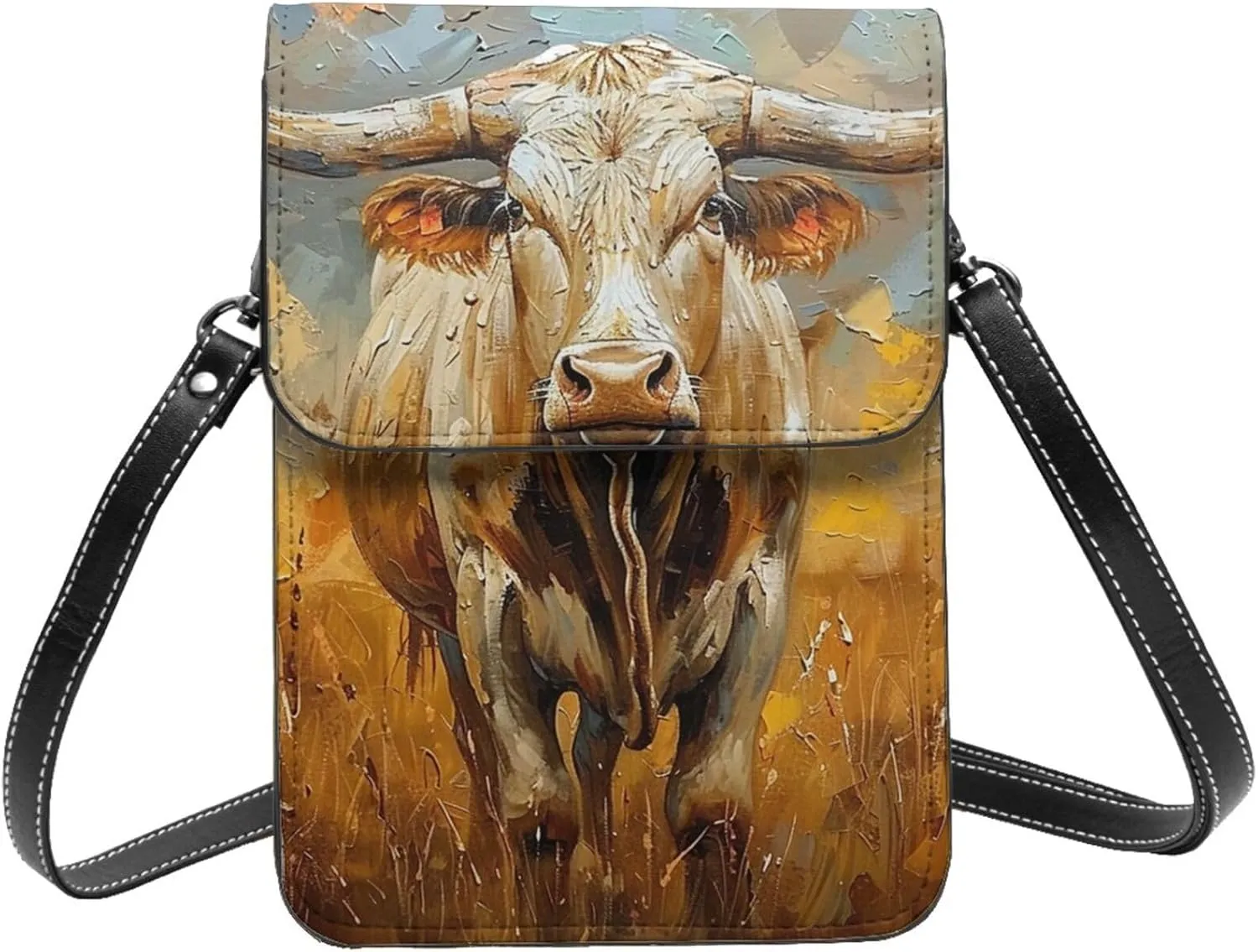 Longhorn Cow Rural Pasture Western Texas Rustic Crossbody Cell Phone Purse For Women Teen Girls Leather Small Crossbody Bag Mini Phone Pouch Purse, 7.5x5.3 Inches