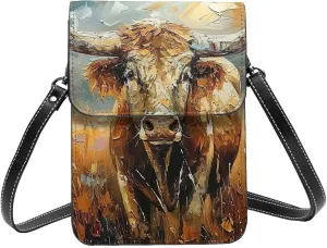Longhorn Cow Texas Western Rural Pasture Rustic Crossbody Cell Phone Purse For Women Teen Girls Leather Small Crossbody Bag Mini Phone Pouch Purse, 7.5x5.3 Inches