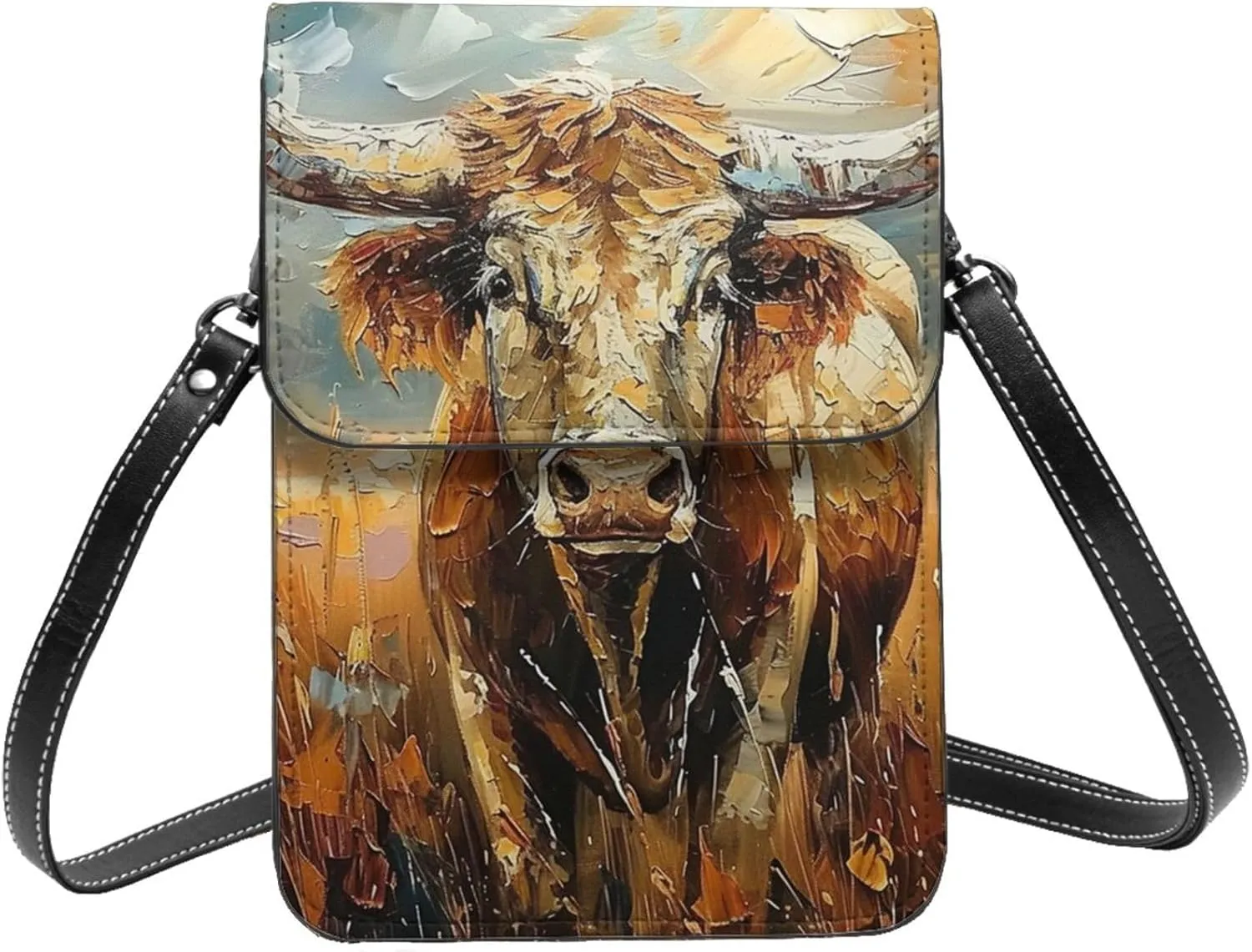 Longhorn Cow Texas Western Rural Pasture Rustic Crossbody Cell Phone Purse For Women Teen Girls Leather Small Crossbody Bag Mini Phone Pouch Purse, 7.5x5.3 Inches