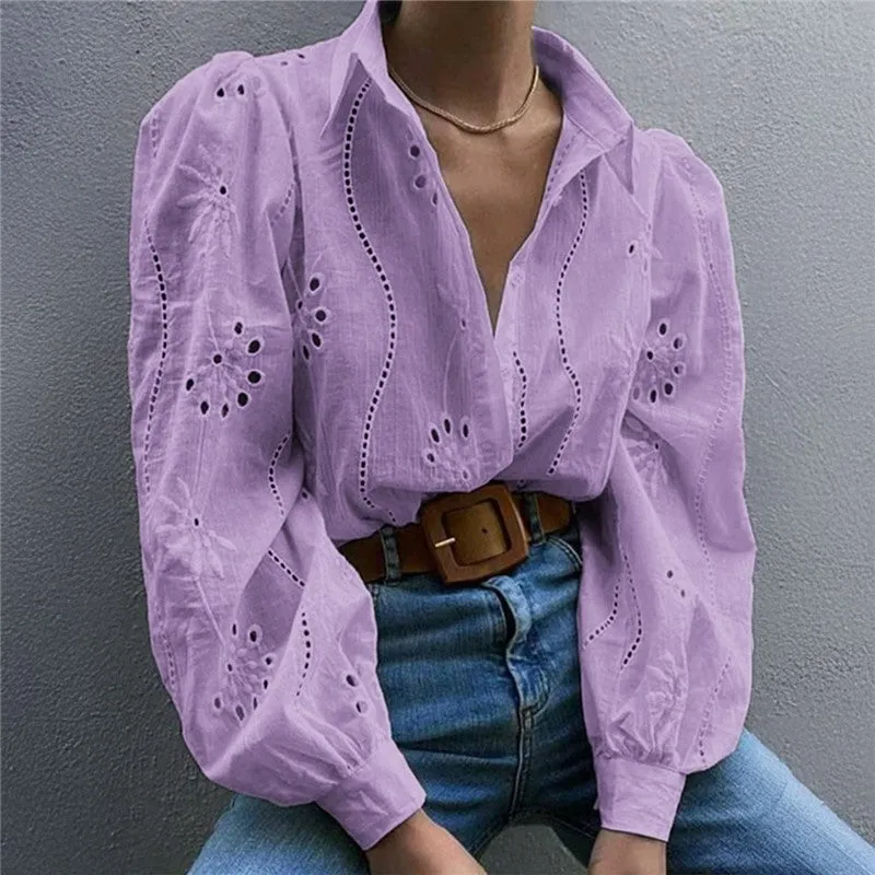 Loose Fit Hollow Out Bubble Sleeve Casual Shirt