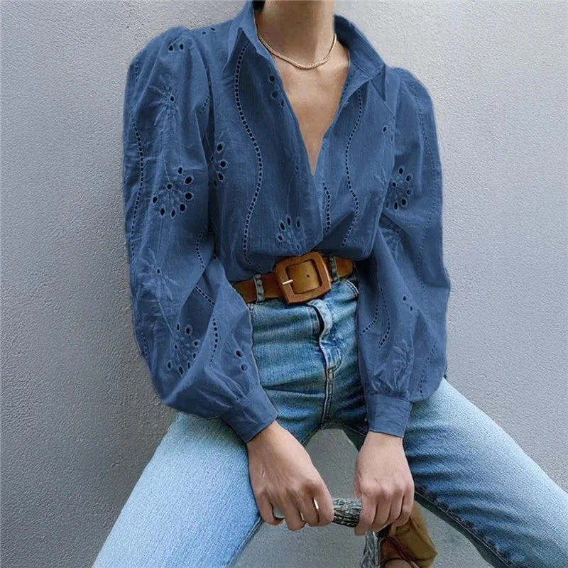 Loose Fit Hollow Out Bubble Sleeve Casual Shirt