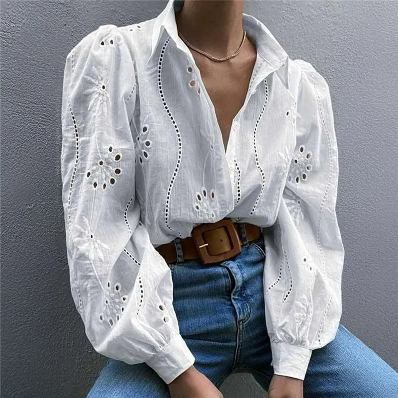 Loose Fit Hollow Out Bubble Sleeve Casual Shirt