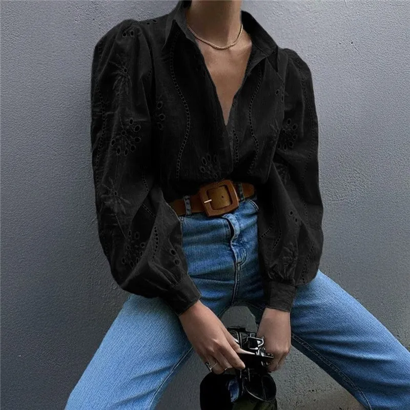 Loose Fit Hollow Out Bubble Sleeve Casual Shirt