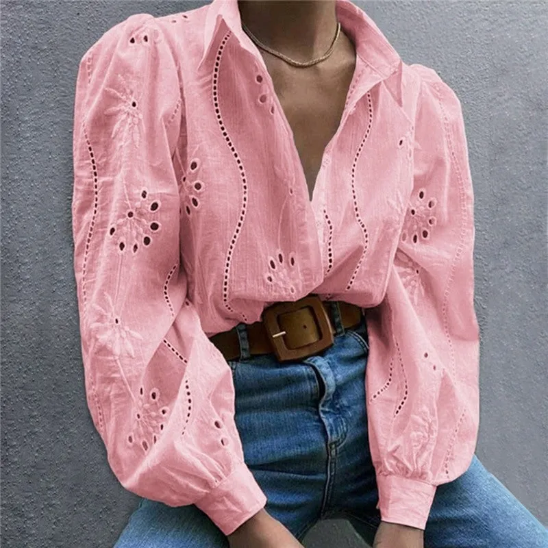 Loose Fit Hollow Out Bubble Sleeve Casual Shirt