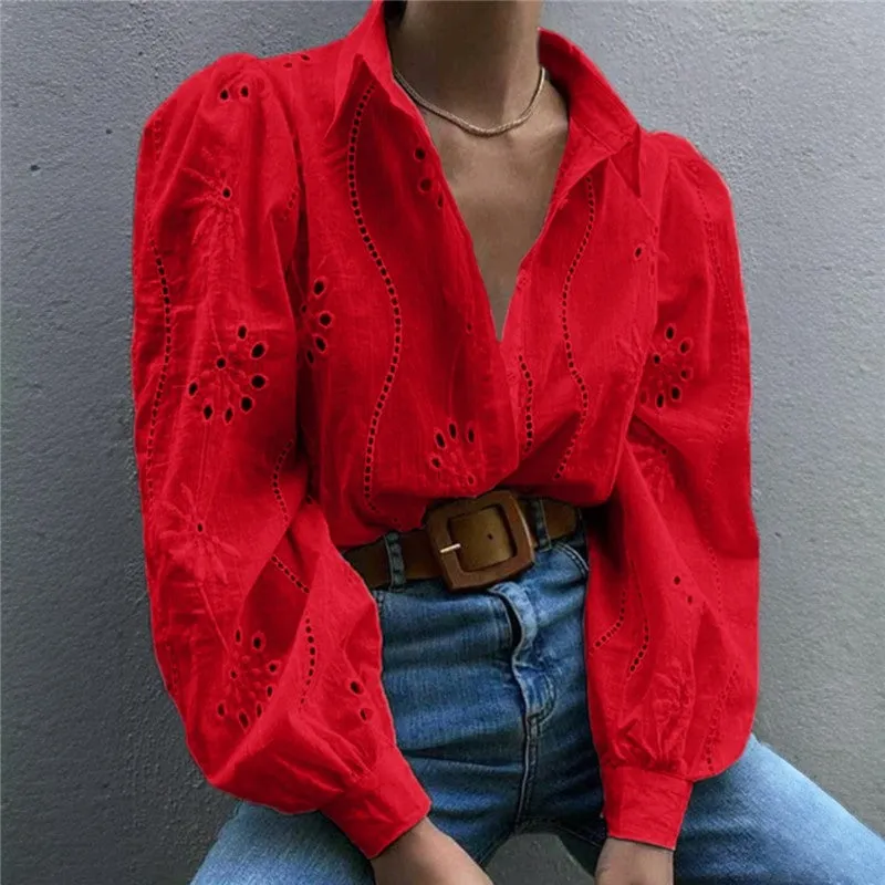 Loose Fit Hollow Out Bubble Sleeve Casual Shirt