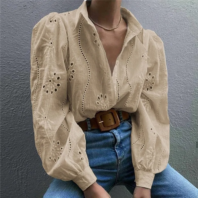 Loose Fit Hollow Out Bubble Sleeve Casual Shirt