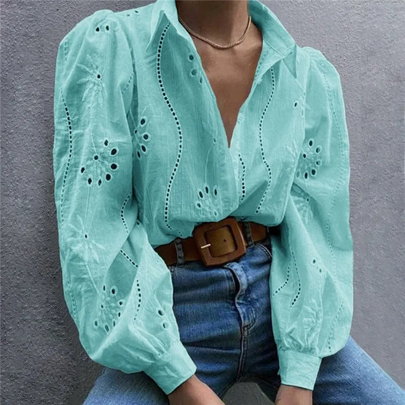 Loose Fit Hollow Out Bubble Sleeve Casual Shirt