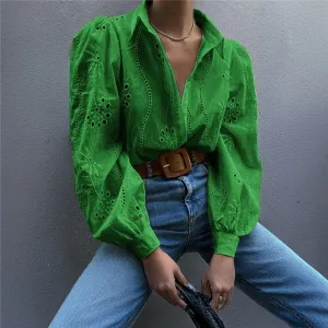 Loose Fit Hollow Out Bubble Sleeve Casual Shirt