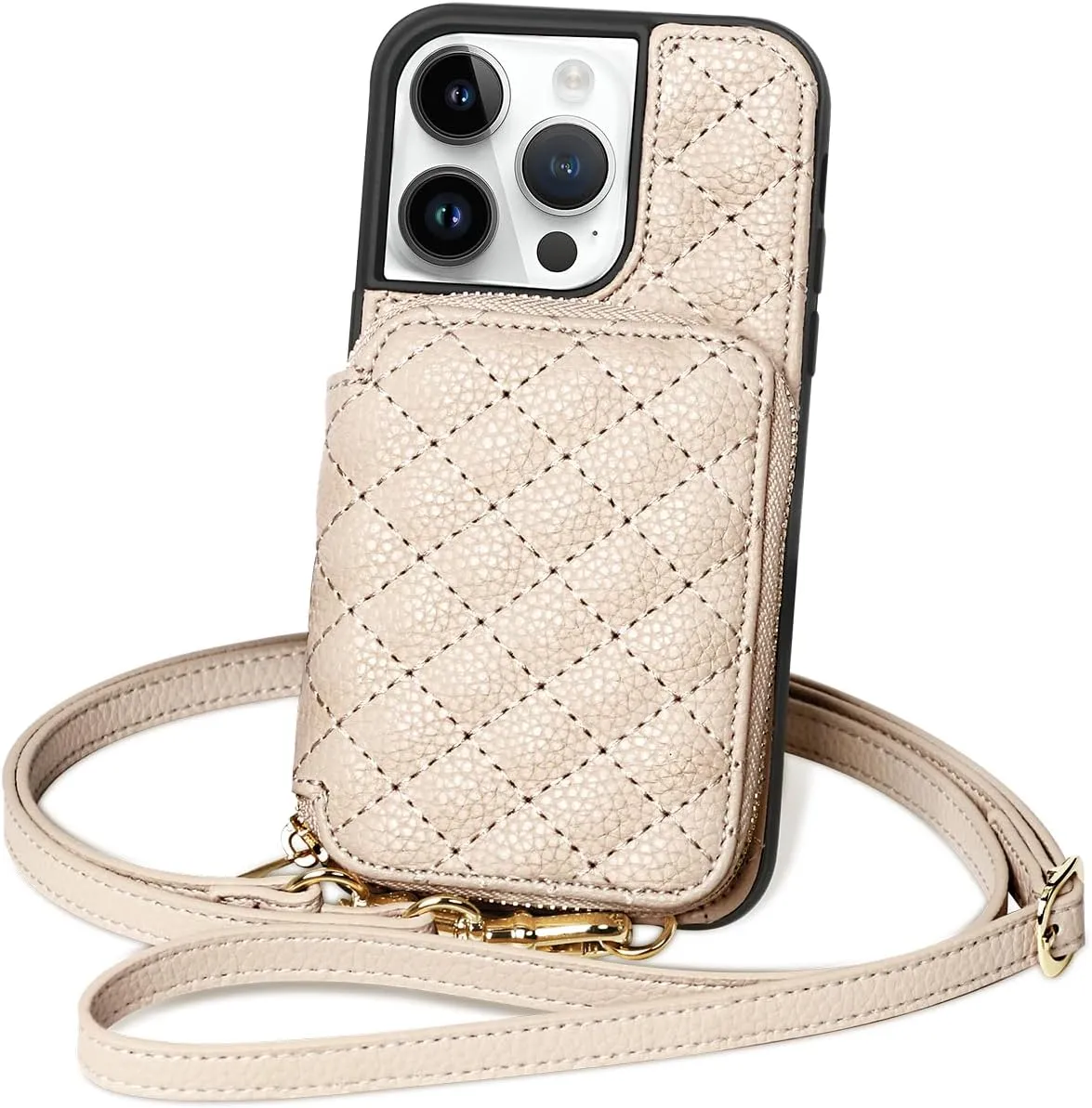 LUCKYCOIN Crossbody Wallet Case for iPhone 14 Pro 6.1in,Vegan Leather Zipper Handbag for Women Purse Flip Cover,Kickstand Folio Case with Card Slots Holder Wrist Strap Lanyard Apricot