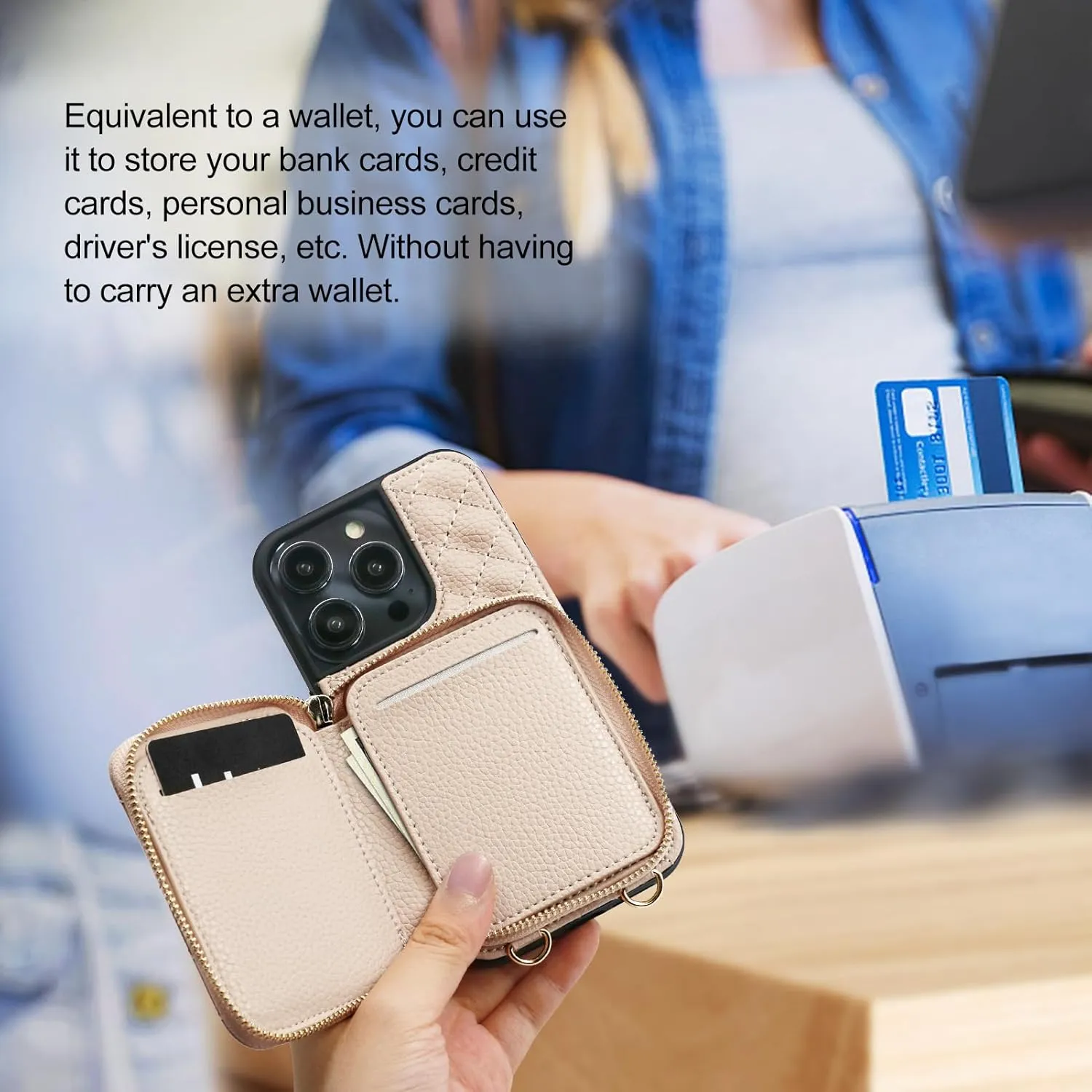 LUCKYCOIN Crossbody Wallet Case for iPhone 14 Pro 6.1in,Vegan Leather Zipper Handbag for Women Purse Flip Cover,Kickstand Folio Case with Card Slots Holder Wrist Strap Lanyard Apricot