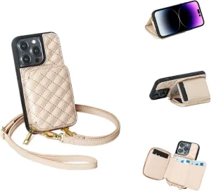 LUCKYCOIN Crossbody Wallet Case for iPhone 14 Pro 6.1in,Vegan Leather Zipper Handbag for Women Purse Flip Cover,Kickstand Folio Case with Card Slots Holder Wrist Strap Lanyard Apricot