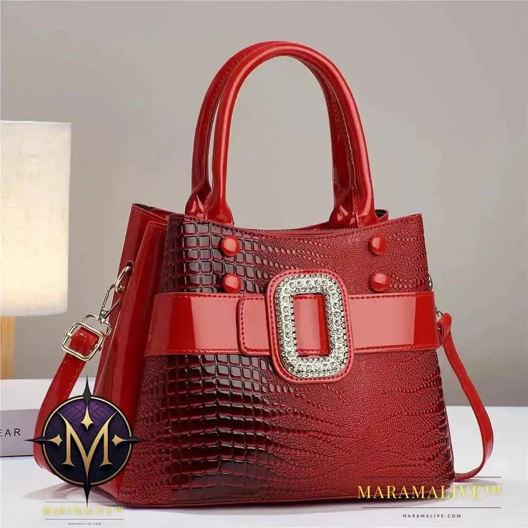 Luxury Quality Diamond Handbags For Women Patent Leather Crocodile Stone Pattern Ladies Shoulder Cross Body Bags Metal Handle