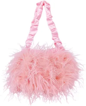 LVCOMEFF Women Ostrich Feather Purse Handbag Holiday Y2K Hobos Shoulder Bag with Pleated Strap for Party Prom
